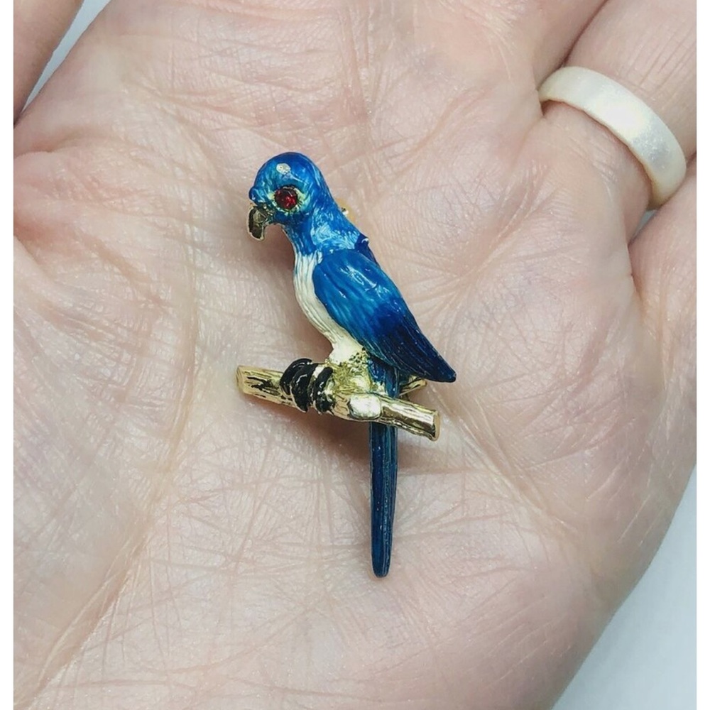 Vintage Blue Parrot Pin Brooch Red Rhinestone Eye